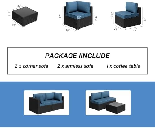 5 Piece Outdoor Patio Furniture Set with Black PE Rattan, Navy Blue