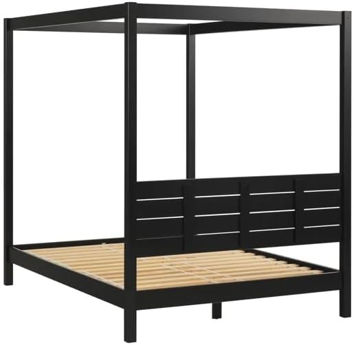 Solid Pine Canopy Bed Frame, Queen - Matte Black Painted Finish