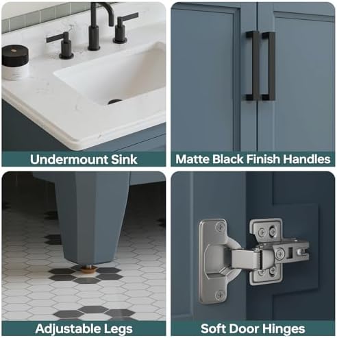 30" Bathroom Vanity with Sink, Fully Assembled, Steel Blue | Freestanding Solid Wood Bathroom Vanities with Quartz Countertop & Backsplash, Soft Close Doors & Dovetail Drawer