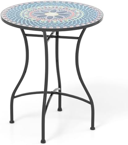 GIANTEX 24 Inch Patio Bistro Table, Mosaic Round Table w/Ceramic Tile Tabletop, Heavy-Duty Metal Structure, Outdoor Dining Table for Backyard, Garden, Porch (Multicolor (Floral Pattern))