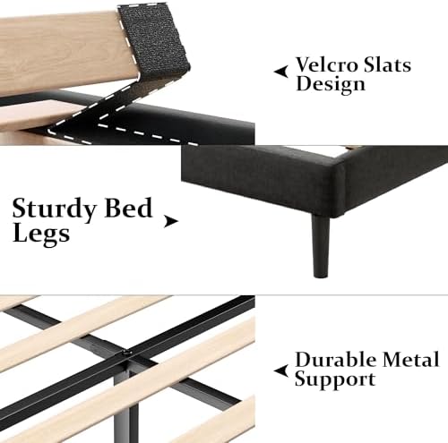 Gruwans Full Size Bed Frame with Upholstered Wingback Headboard, Easy Assemnly Platform Bed, Wooden Slat Support No Box Spring Needed, Dark Gray