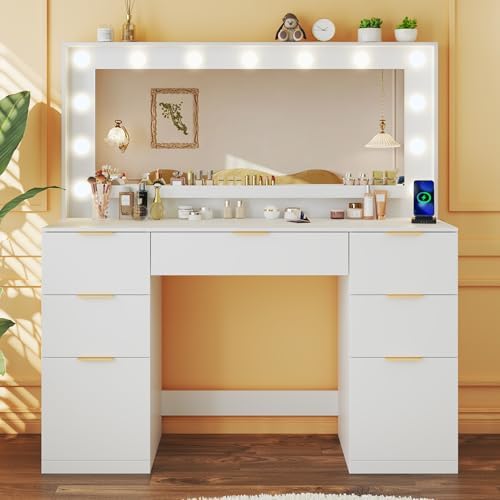 HUAHUU Vanity Desk with Mirror and Lights, 45.3in Makeup Vanity with 7 Drawers & Large Mirror, White Vanity with 3-Color Adjustable Lighting & Power Outlet, Vanity Desk for Bedroom