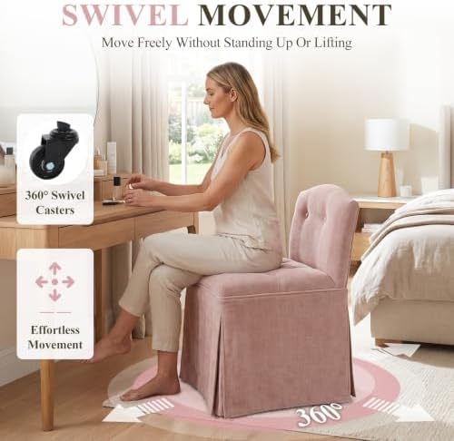 Pink Chenille Makeup Vanity Chair with Back & Wheels