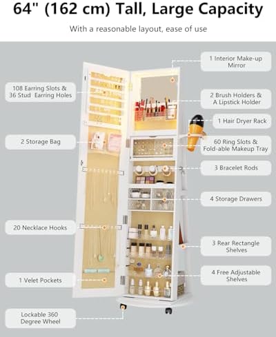 Full Length Mirror with Jewelry Storage, 360° Rotating Jewelry Armoire Organizer with Lights, Lockable Mirror Jewelry Cabinet Standing, Jewelry Mirror Cabinet for Gifts (White)