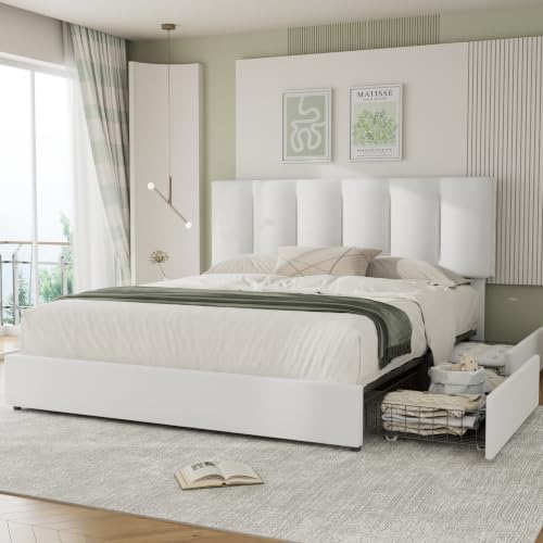 VECELO Queen Size Bed Frame with 4 Storage Drawers, Adjustable Height Headboard, Heavy-Duty Platform Bedframe with Strong Wooden Slats, No Box Spring Needed, Pure White
