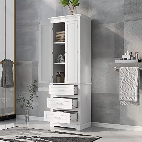 Polibi Tall Storage Cabinet with 3 Drawers, 3-Tier Adjustable Shelves & 2 Doors, Floor Freestanding Linen Cabinet for Bathroom, Living Room (White)