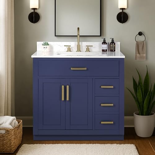 36-inch Bathroom Vanity with Sink, Solid Wood, 0.79-inch Stone Countertop and Backsplash, 4 Drawers, 2 Soft Closing Doors -Royal Blue