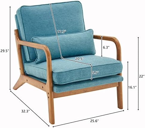 Bonnlo LinenTeal Mid Century Modern Accent Chair, Soild Wood Padding Lounge Armchairs Side Sitting Chairs for Living Room, Bedroom, Guest Room