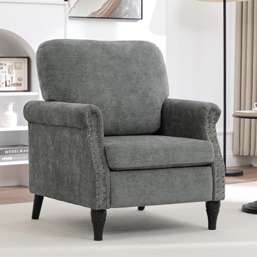 Accent Chair for Living Room, Modern Mid Century Reading Chair Armchair High Back Upholstered Armchair with Wooden Legs for Living Room Bedroom Office (LIGHTGREY, 1pcs)