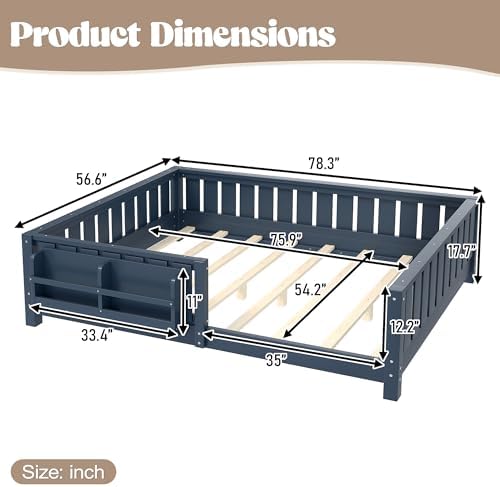 Bellemave Full Size Floor Bed with Slats and Guardrails, Full Size Montessori Floor Bed with Bookcase and Fence, Low Profile Montessori Beds for Kids, Blue Floor Beds Frame