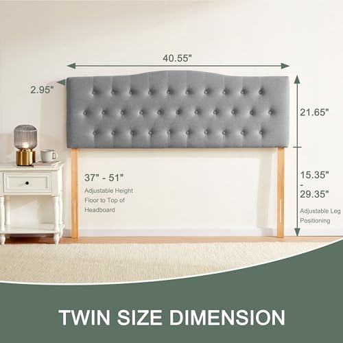 Tufted Headboard Twin Size, Solid Wood Adjustable Height Head Board, Gray