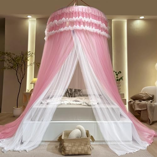 Kertnic Dreamy Bed Canopy for Girls, Princess Canopy Curtains Double Layer Sheer Mesh, Adults Canopies Netting Room Decor Tent Mosquito Net for Queen King Bed (Double Layer-Peach Pink)