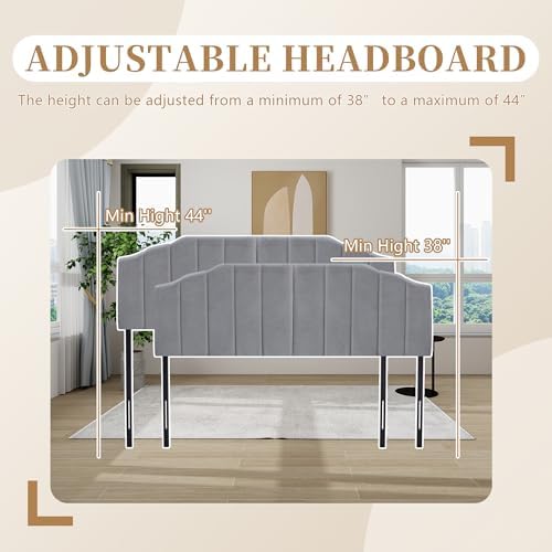 Upholstered Headboard for Full/Queen Beds - Arched Headboard & Bed Frame Mount, Adjustable Height, Velvet Tufted Modern Vertical Channel Design (Gray, Queen (U.S. Standard))