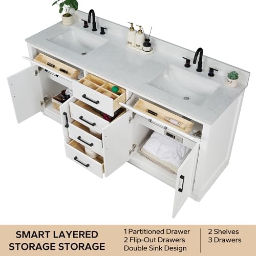 72-inch White Bathroom Vanity with 2 Sinks, Solid Wood, 0.79-inch Stone Countertop and Backsplash, 6 Drawers, 4 Soft Closing Doors