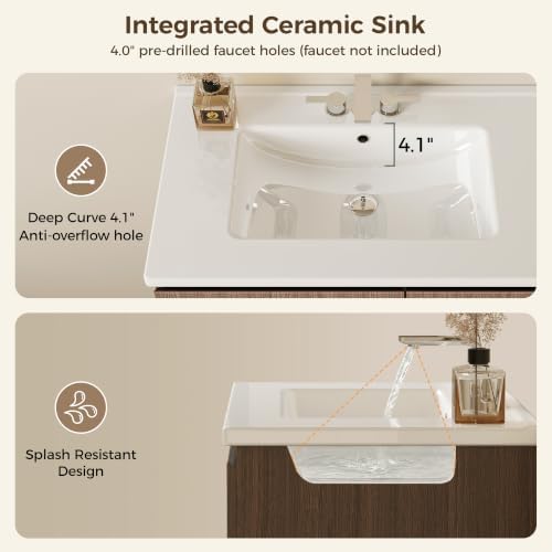 IRONCK 30-Inch Bathroom Vanity with Ceramic Sink, Modern (Walnut Brown) | Power Outlet | Freestanding | Divided storage | Hiddle Handle | Soft-Close Hinges