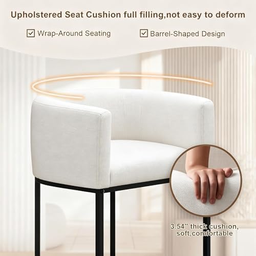 26" H Counter Height Bar Stools Set of 1, Modern Barrel Counter Stools with Backrest and Arms, Linen Fabric Upholstered Accent Barstools for Kitchen Island,Support 450 LBS (White)