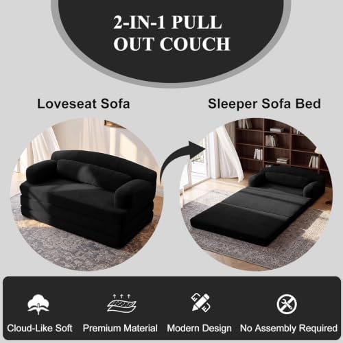 57” Convertible Sleeper Sofa Bed, Boneless Couch, Black