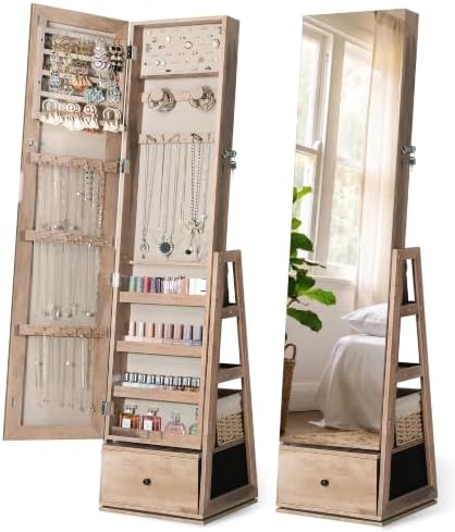Nicetree 360° Swivel Jewelry Cabinet, Full Length Mirror, Lockable, Oak | Rotatable Jewelry Armoire Organizer, Standing Mirror with Storage, 3 Rear Shelves + Bottom Drawer, Gift Idea, Easy Assembly