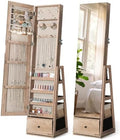Nicetree 360° Swivel Jewelry Cabinet, Full Length Mirror, Lockable, Oak | Rotatable Jewelry Armoire Organizer, Standing Mirror with Storage, 3 Rear Shelves + Bottom Drawer, Gift Idea, Easy Assembly
