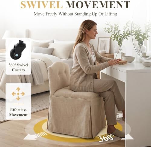 Beige Makeup Vanity Chair with Back & Wheels