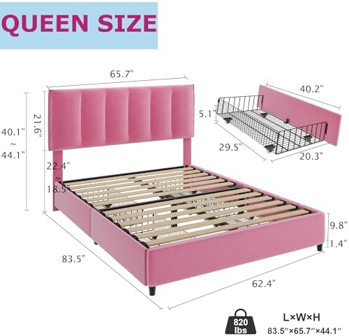 VECELO Queen Upholstered Bed Frame with 4 Storage Drawers and Adjustable Velvet Headboard, Heavy-Duty Platform bedframe, No Box Spring Needed, Pink
