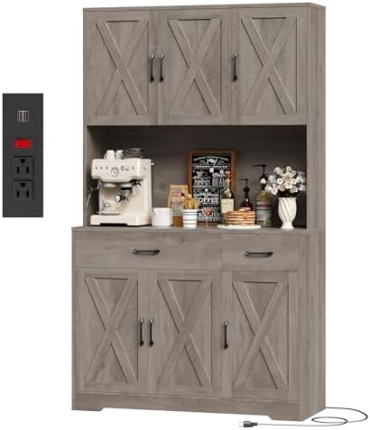 HOSTACK 71" H Kitchen Pantry Storage Cabinet, Farmhouse Hutch Cabinet, Grey