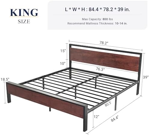 Allewie King Size Bed Frame, Heavy Duty 12 Metal Slats Support, Mahogany