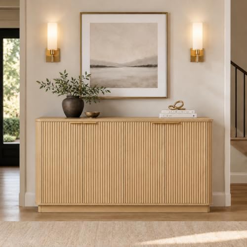 USHOWER 63" Fluted Buffet Cabinet with Storage, Wooden Sideboard, Oak