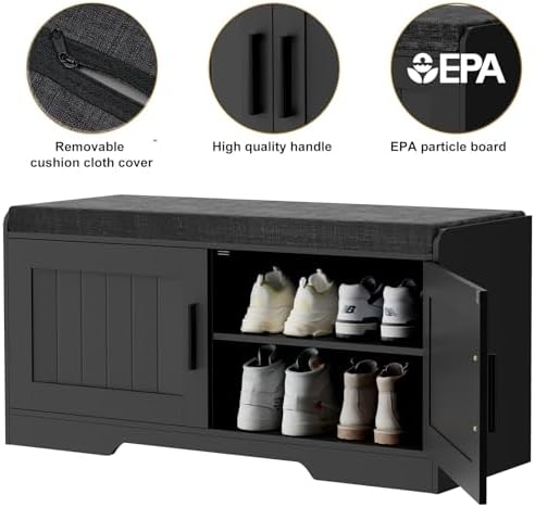 Homleke Shoe Storage Bench, 2 Doors & Thickened Padded Seat Cushion