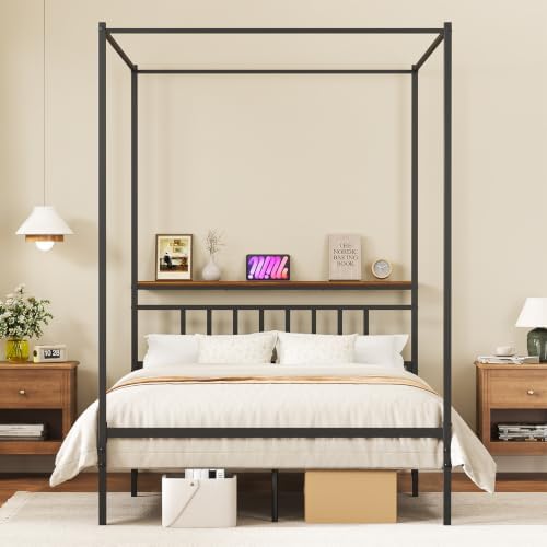 Full Canopy Bed Frame with Storage Headboard Minimalist Style 4 Posters Bed