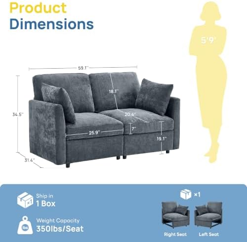 Iroomy Modular Sectional Loveseat Couch, Modern Chenille Sofa, Gray