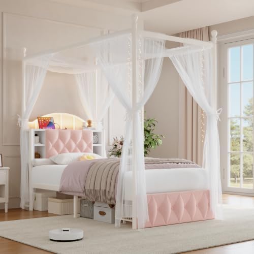 Twin Size Upholstered LED Canopy Bed Frame with 2 Drawers and & Charging Station, Button Tufted Storage Headboard, Metal Platform Bed with 4 Removable Posts, No Box Spring Needed, Pink