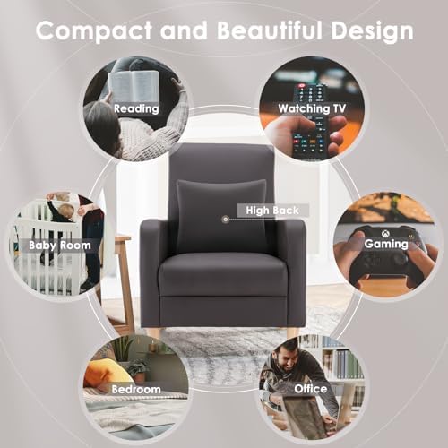 COLAMY Mid-Century Modern Accent Chair, Faux Leather Upholstered Living Room Chair with Back Pillow & Solid Wood Legs, Comfy Armchair for Living Room, Bedroom, Single Sofa, Dark Brown