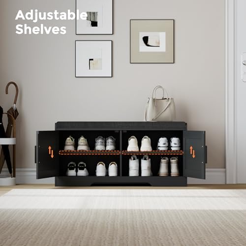 Homleke Shoe Storage Bench, 2 Doors & Thickened Padded Seat Cushion