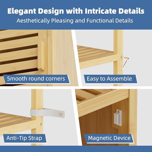 HITNET Bathroom Floor Cabinet, 6 Tier Tall Thin Linen Tower Storage Cabinet Free Standing Bamboo, Kitchen Side Organizer with 3 Shelves and Cupboard, Natural
