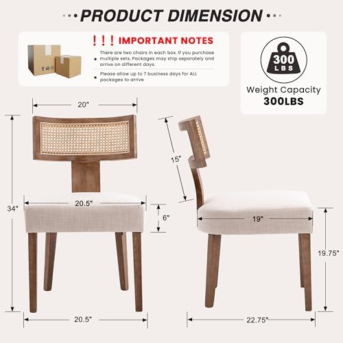 HNY Mid Century Modern Rattan Dining Chairs Set of 4, Linen Upholstered Kitchen & Dining Room Chairs with Ergonomic Curved Back, Solid Wood Frame, Farmhouse Accent Chairs for Home, Apartment, Beige