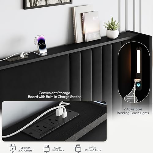 55" Tall King Size Platform Bed Frame with 2 Reading Lights, Black