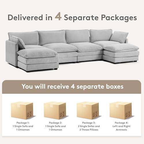 ROWHY 148'' Modular Sectional Cloud Couch with 2 Movable Ottomans, Oversized 6 Seat Modern Corduroy Sofas, Deep Seat U Shaped Couch for Living Room Bedroom Apartment, Light Grey
