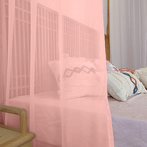 Linentalks Sheer Canopy Bed Curtains for King, Queen, Full and Twin Bed, 4 Corner Bed Canopies & Drapes, Four Poster Bed Canopy Curtains Beds, Sheer Curtains for Canopy Bed Drapes, Pink