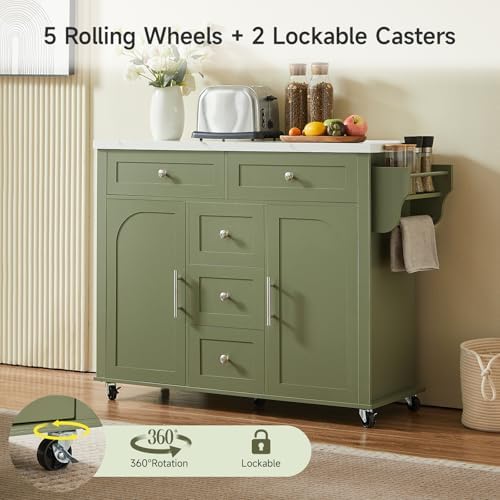ONBRILL 47" Kitchen Island with 2 Storage Cabinets & 5 Drawers, Green