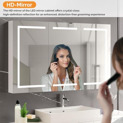 VINGLI 60 x 36 Inch Extra Large Lighted Bathroom Medicine Cabinet with Mirror, Large 3-Door Wall Mounted Bathroom Medicine Cabinet with Lights, Dimmable Mirror with Storage, Built-in Outlet & USB