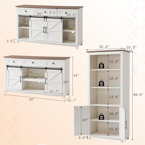 AMERLIFE Living Room Table Set of 4 with 59" TV Stand, Rustic White