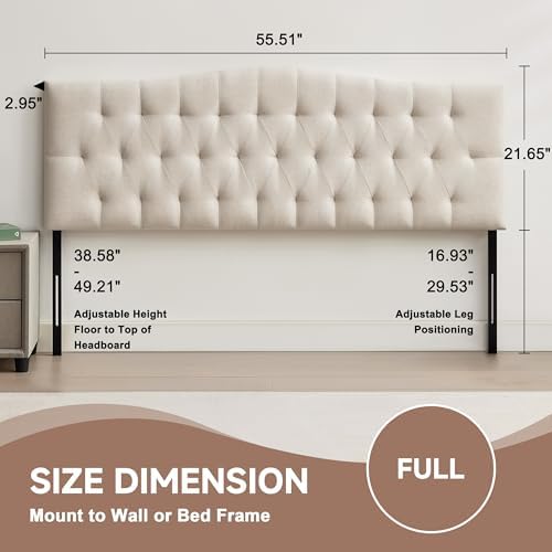 Tufted Upholstered Full Size Headboard Only, Adjustable 38-50 in, Beige