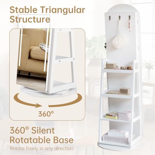 Arched Swivel Jewelry Cosmetics Armoire Cabinet Standing with Full Length Mirror, Lockable Jewelry Organizers Storage with 3 Color LED Lights & Interior Vanity Mirror Rear Storage Shelves White