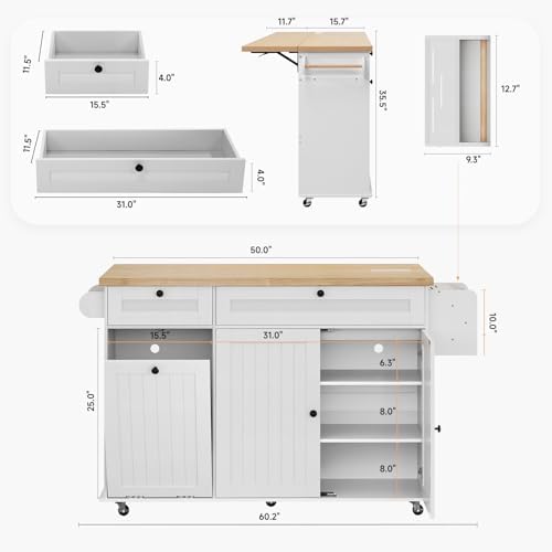 ComfyCorner 60" Rolling Kitchen Island on Wheels, Mobile Kitchen Cart White