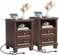 SAVOR LIFE Farmhouse Nightstand Set of 2 with Charging Station, Walnut