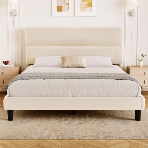 GRUSIGN Full Size Platform Bed Frame with Velvet Headboard, Adjustable Height Wooden Slats Support, Upholstered Mattress Foundation, Fits Mattress or Mattress with Box Spring, Easy Assembly, Beige
