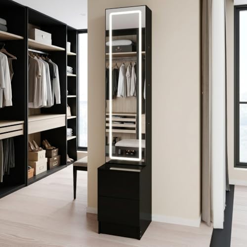 LED Full Length Mirror Jewelry Cabinet with Storage, 3 Color Adjustable Lighting Dressing Mirror Armoire, Large Standing Vanity Mirror Organizer Cabinet for Makeup & Jewelry Storage (black)