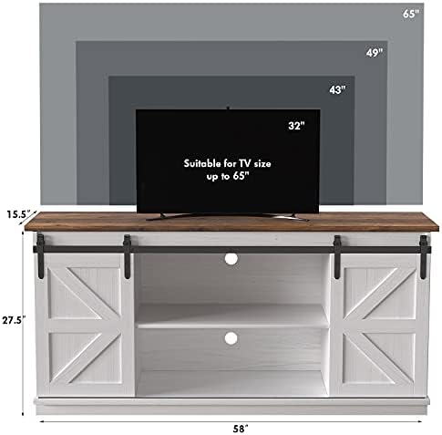 JUMMICO TV Stand for 65 Inch TV, Sliding Barn Doors, Bright White