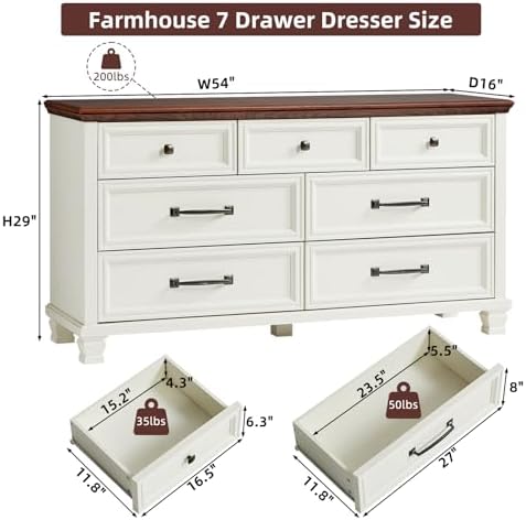SAVOR LIFE Farmhouse 7 Drawer Dresser for Bedroom, White